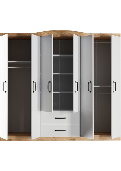 Beyaz Suntalam 6 Kapaklı 2 Çekmeceli Modern Gardırop Ayna Yok Geniş Depolama Alanı