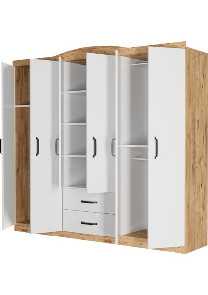 Beyaz Suntalam 6 Kapaklı 2 Çekmeceli Modern Gardırop Ayna Yok Geniş Depolama Alanı