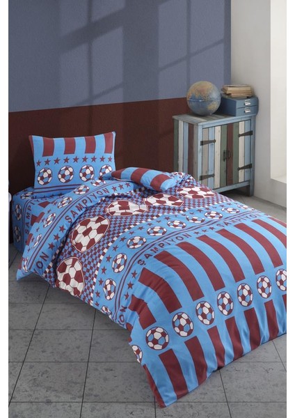 Bordo Mavi Taraftar Desenli Tek Kişilik Nevresim Takımı