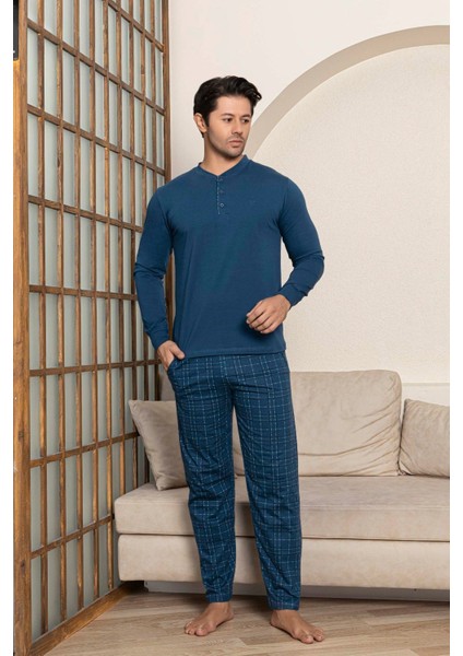 Erkek 3 Düğmeli Ekose Desen Pamuk Likra Mevsimlik Uzun Kol Manşetli Cepli Pijama Takımı fırsatları