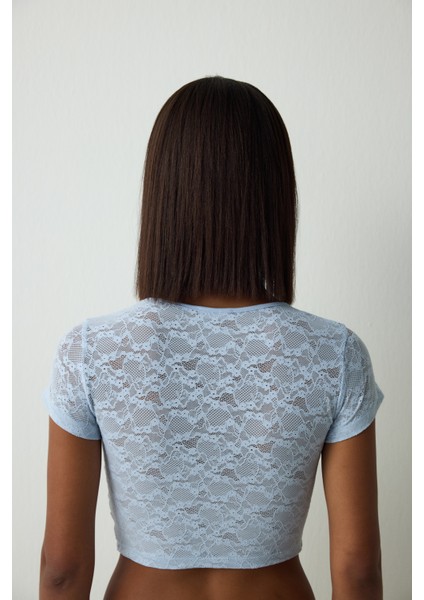 Açık Mavi Bisiklet Yaka Dantelli Crop Üst