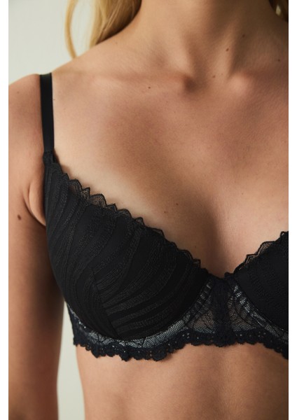 Siyah Fervour Broderie Zebra Desenli Dantelli Balenli Push Up Sütyen
