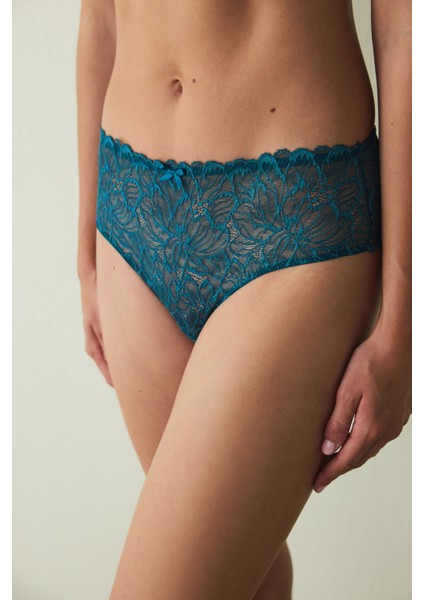 Petrol Yeşili Dantelli Düşük Bel Hipster Külot