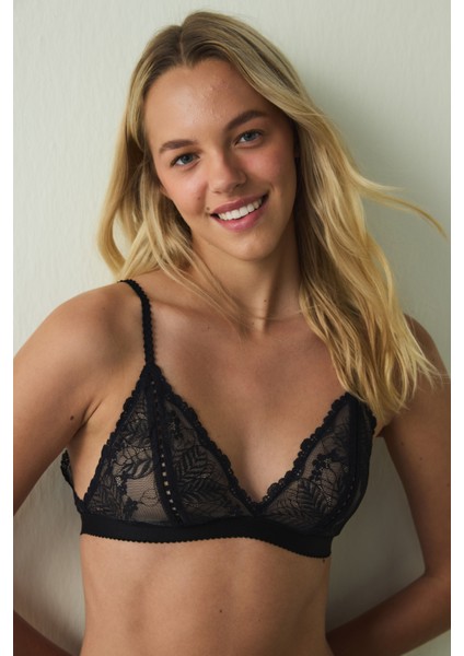 Siyah Çiçek Desenli Dantelli Balensiz Kapsız Üçgen Sütyen fiyatları