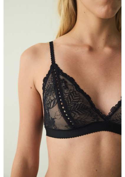 Siyah Çiçek Desenli Dantelli Balensiz Kapsız Üçgen Sütyen
