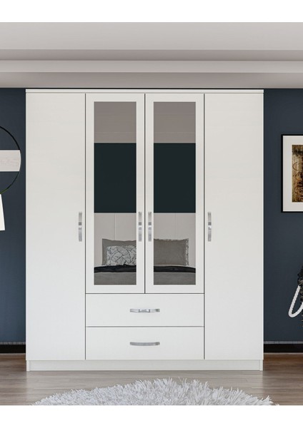 Esil 4 Kapılı Beyaz Suntalam Aynalı Geniş Depolama Alanlı Modern Tasarım Gardırop