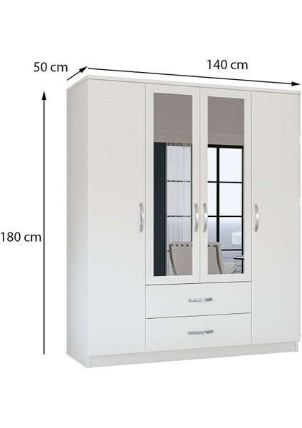 Esil 4 Kapılı Beyaz Suntalam Aynalı Geniş Depolama Alanlı Modern Tasarım Gardırop