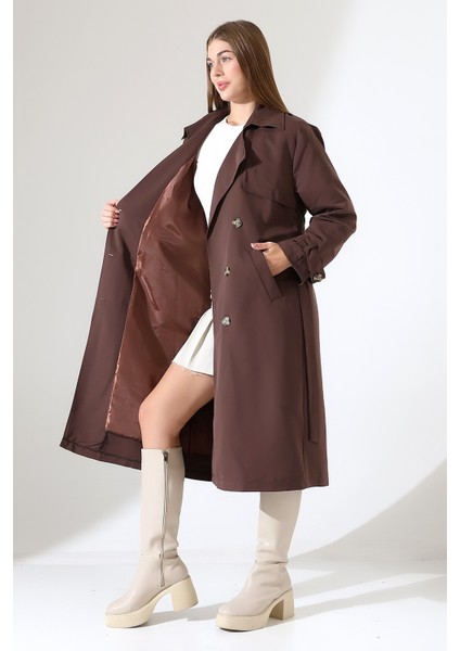 Amazon Keten Kumaş Diz Altı Astaralı Degaje Yaka Düğmeli Yeni Tarz Trenç Kot Koyu Kahve fırsatları