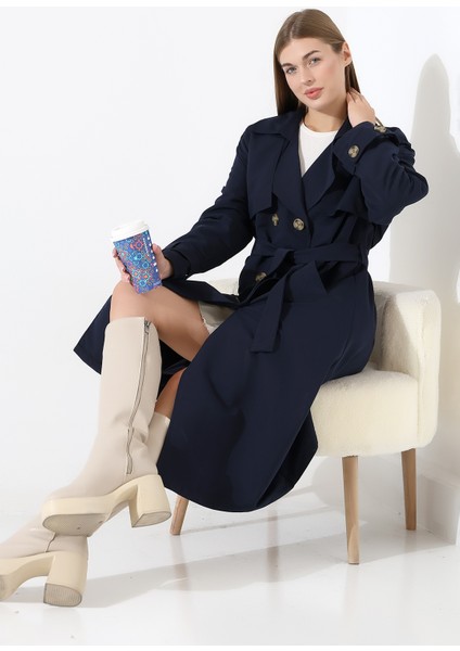 Amazon Keten Kumaş Diz Altı Astaralı Degaje Yaka Düğmeli Yeni Tarz Trenç Kot Lacivert