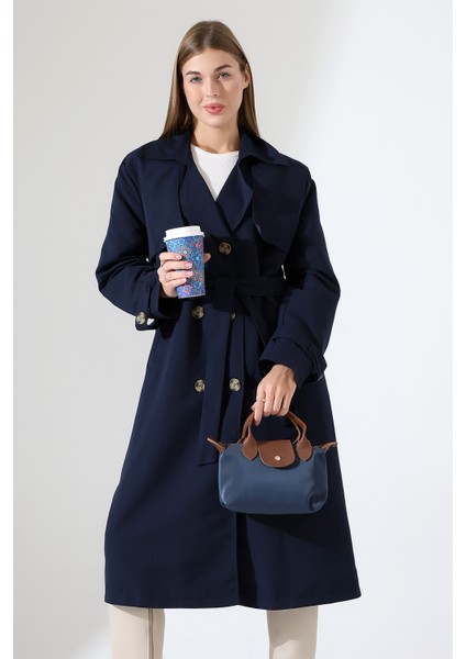 Amazon Keten Kumaş Diz Altı Astaralı Degaje Yaka Düğmeli Yeni Tarz Trenç Kot Lacivert fiyatları