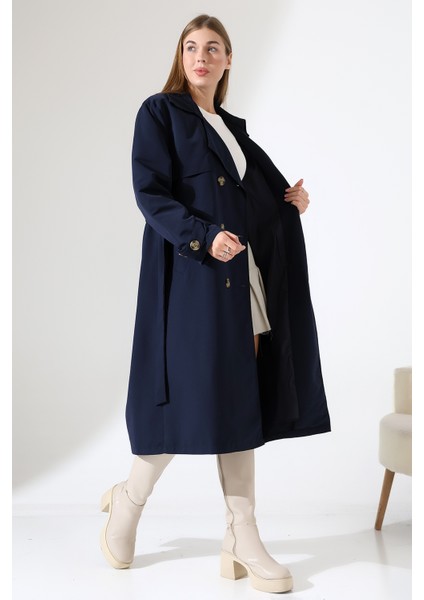 Amazon Keten Kumaş Diz Altı Astaralı Degaje Yaka Düğmeli Yeni Tarz Trenç Kot Lacivert modelleri