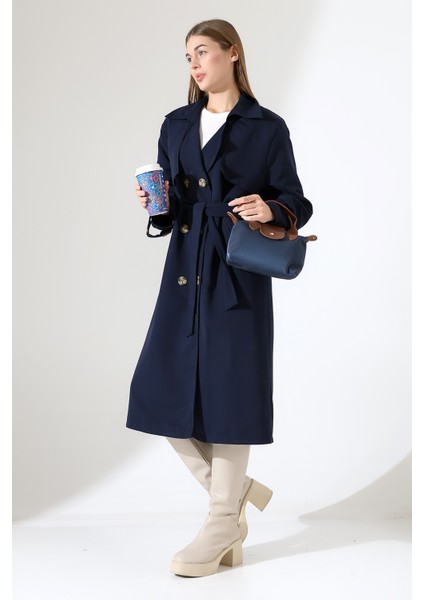 Amazon Keten Kumaş Diz Altı Astaralı Degaje Yaka Düğmeli Yeni Tarz Trenç Kot Lacivert fırsatları