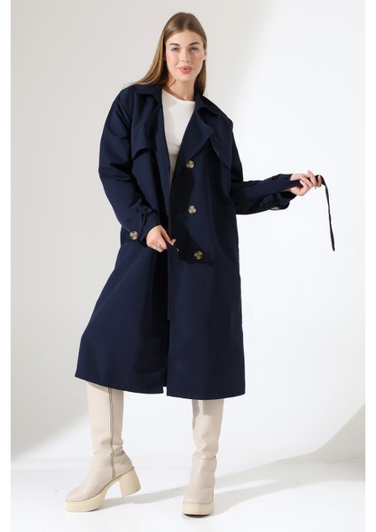 Amazon Keten Kumaş Diz Altı Astaralı Degaje Yaka Düğmeli Yeni Tarz Trenç Kot Lacivert