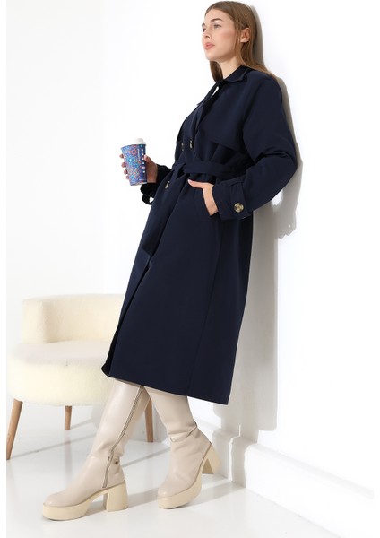 Amazon Keten Kumaş Diz Altı Astaralı Degaje Yaka Düğmeli Yeni Tarz Trenç Kot Lacivert