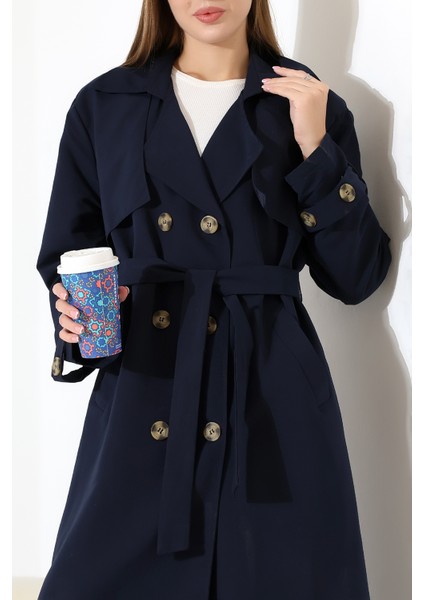 Amazon Keten Kumaş Diz Altı Astaralı Degaje Yaka Düğmeli Yeni Tarz Trenç Kot Lacivert