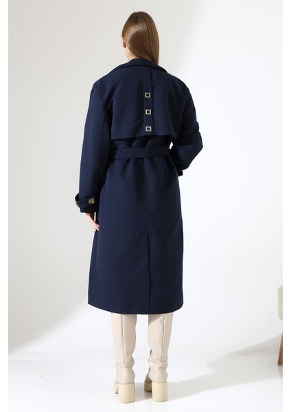 Amazon Keten Kumaş Diz Altı Astaralı Degaje Yaka Düğmeli Yeni Tarz Trenç Kot Lacivert