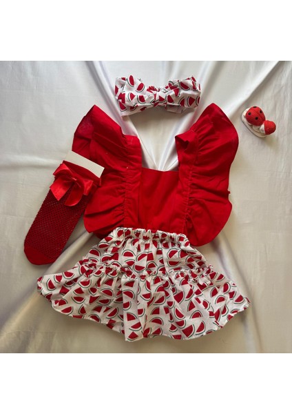 Kız Çocuk Salopet Fırfırlı Karpuz Desen Kırmızı File Çorap Set Hediyelik