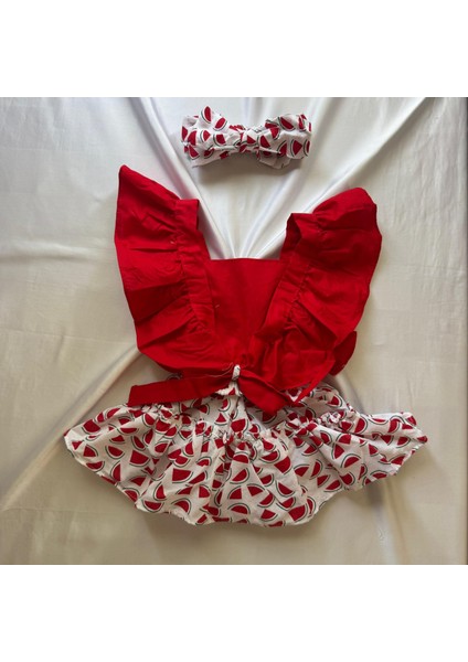 Kız Çocuk Salopet Fırfırlı Karpuz Desen Kırmızı File Çorap Set Hediyelik fiyatları
