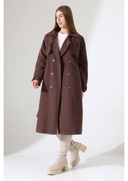 Amazon Keten Kumaş Diz Altı Astaralı Degaje Yaka Düğmeli Yeni Tarz Trenç Kot Koyu Kahve