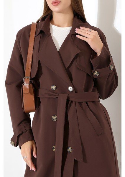 Amazon Keten Kumaş Diz Altı Astaralı Degaje Yaka Düğmeli Yeni Tarz Trenç Kot Koyu Kahve