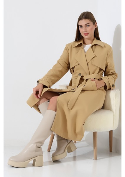 Amazon Keten Kumaş Diz Altı Astaralı Degaje Yaka Düğmeli Yeni Tarz Trenç Kot Camel