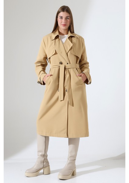 Amazon Keten Kumaş Diz Altı Astaralı Degaje Yaka Düğmeli Yeni Tarz Trenç Kot Camel