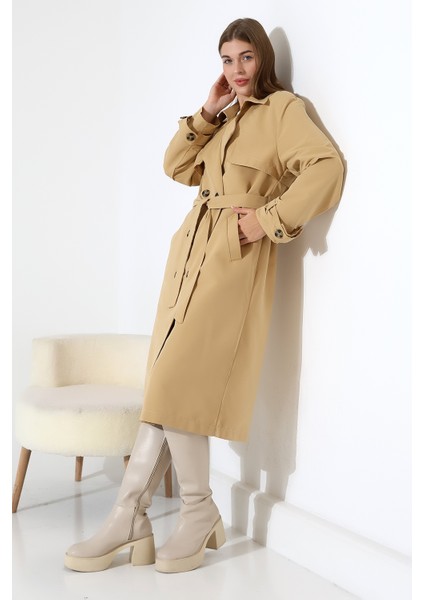 Amazon Keten Kumaş Diz Altı Astaralı Degaje Yaka Düğmeli Yeni Tarz Trenç Kot Camel