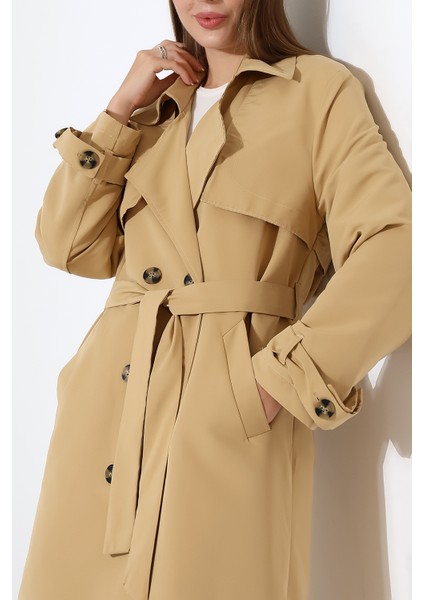 Amazon Keten Kumaş Diz Altı Astaralı Degaje Yaka Düğmeli Yeni Tarz Trenç Kot Camel