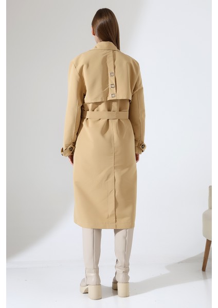 Amazon Keten Kumaş Diz Altı Astaralı Degaje Yaka Düğmeli Yeni Tarz Trenç Kot Camel