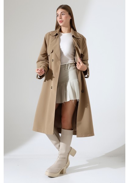 Amazon Keten Kumaş Diz Altı Astaralı Degaje Yaka Düğmeli Yeni Tarz Trenç Kot Vizon fiyatları