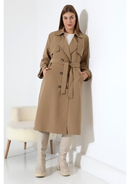 Amazon Keten Kumaş Diz Altı Astaralı Degaje Yaka Düğmeli Yeni Tarz Trenç Kot Vizon modelleri