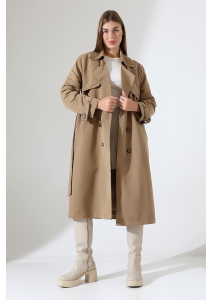 Amazon Keten Kumaş Diz Altı Astaralı Degaje Yaka Düğmeli Yeni Tarz Trenç Kot Vizon