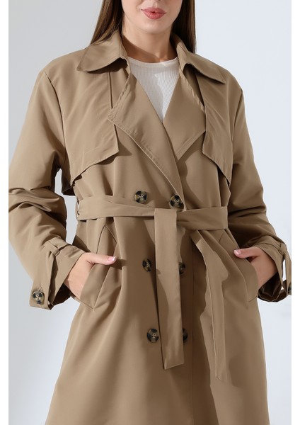 Amazon Keten Kumaş Diz Altı Astaralı Degaje Yaka Düğmeli Yeni Tarz Trenç Kot Vizon