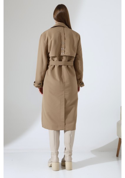 Amazon Keten Kumaş Diz Altı Astaralı Degaje Yaka Düğmeli Yeni Tarz Trenç Kot Vizon