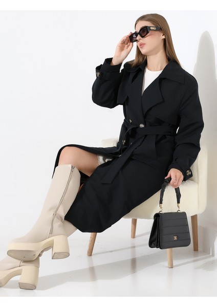 Amazon Keten Kumaş Diz Altı Astaralı Degaje Yaka Düğmeli Yeni Tarz Trenç Kot Siyah