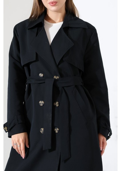 Amazon Keten Kumaş Diz Altı Astaralı Degaje Yaka Düğmeli Yeni Tarz Trenç Kot Siyah