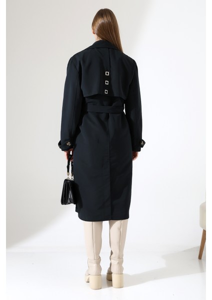 Amazon Keten Kumaş Diz Altı Astaralı Degaje Yaka Düğmeli Yeni Tarz Trenç Kot Siyah