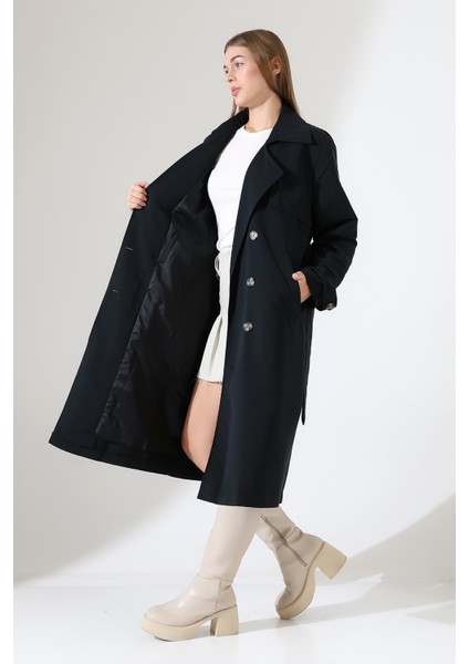 Amazon Keten Kumaş Diz Altı Astaralı Degaje Yaka Düğmeli Yeni Tarz Trenç Kot Siyah