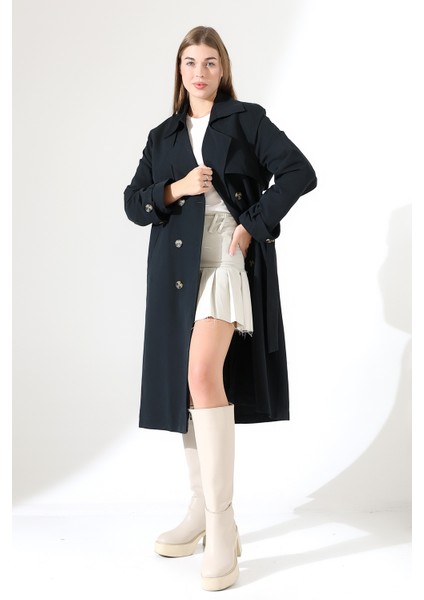 Amazon Keten Kumaş Diz Altı Astaralı Degaje Yaka Düğmeli Yeni Tarz Trenç Kot Siyah