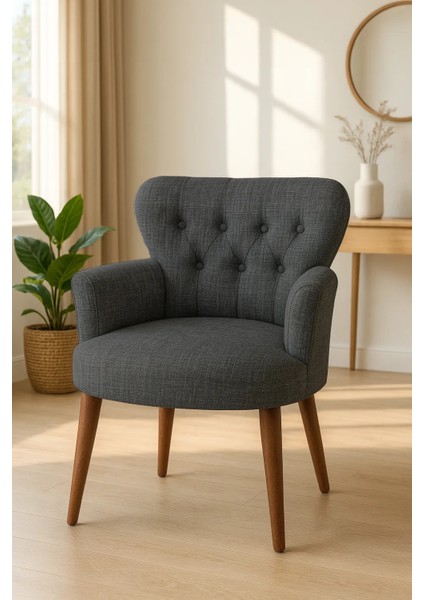 roma Berjer Modern Tekli Koltuk - Keten Kumaş - Ahşap Demonte Ayak - Antrasit