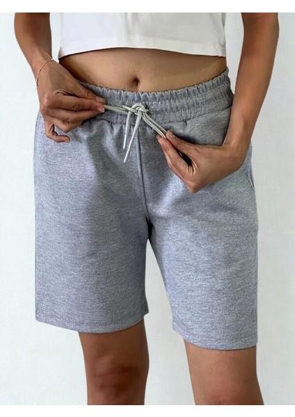Unisex Beli Bağlamalı (Double Face) Pamuklu Cepli Gri Melanj Şort