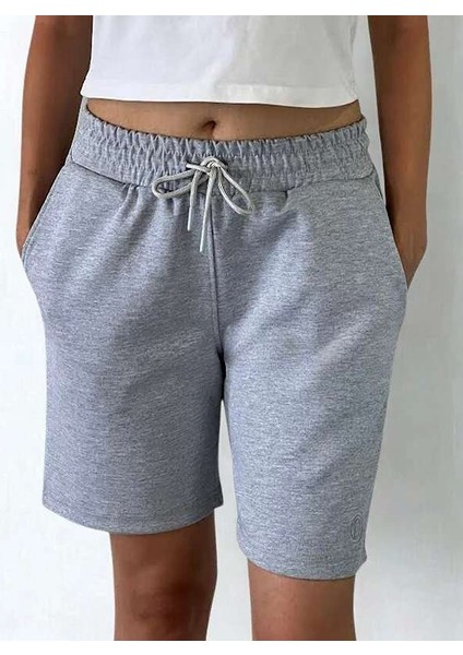 Unisex Beli Bağlamalı (Double Face) Pamuklu Cepli Gri Melanj Şort modelleri