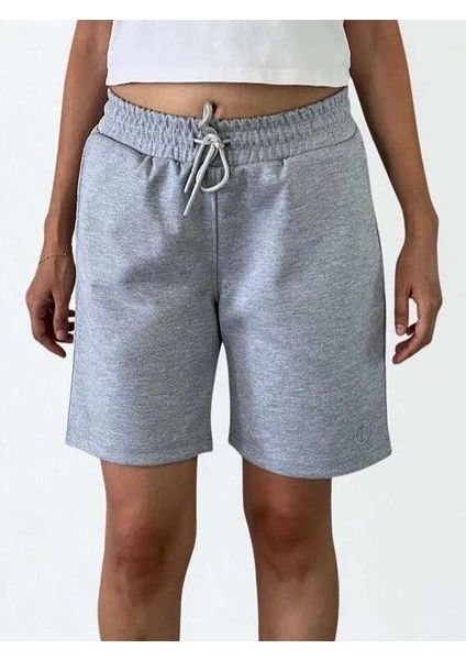 Unisex Beli Bağlamalı (Double Face) Pamuklu Cepli Gri Melanj Şort