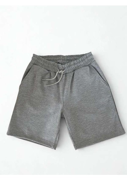 Unisex Beli Bağlamalı (Double Face) Pamuklu Cepli Gri Melanj Şort