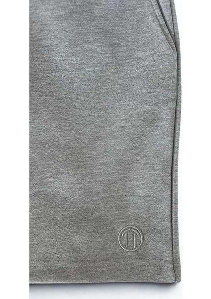 Unisex Beli Bağlamalı (Double Face) Pamuklu Cepli Gri Melanj Şort