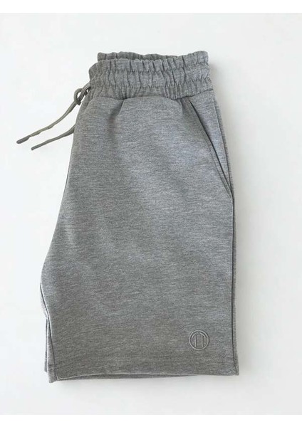 Unisex Beli Bağlamalı (Double Face) Pamuklu Cepli Gri Melanj Şort