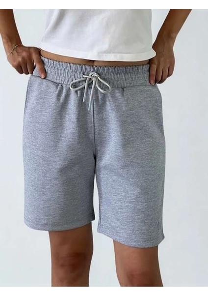 Unisex Beli Bağlamalı (Double Face) Pamuklu Cepli Gri Melanj Şort