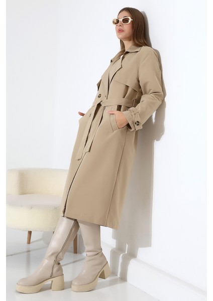 Amazon Keten Kumaş Diz Altı Astaralı Degaje Yaka Düğmeli Yeni Tarz Trenç Kot Taş