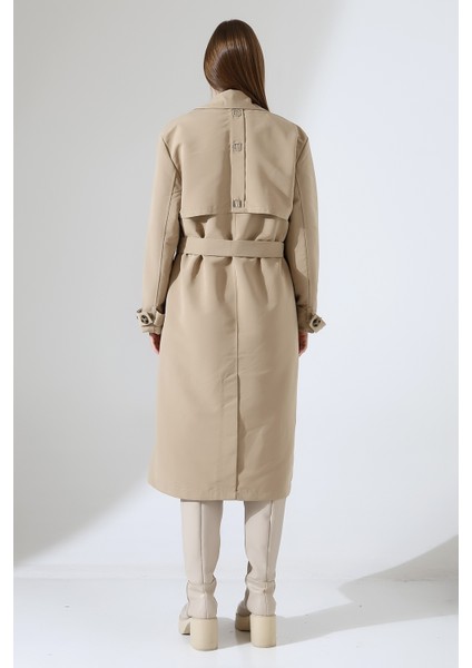 Amazon Keten Kumaş Diz Altı Astaralı Degaje Yaka Düğmeli Yeni Tarz Trenç Kot Taş