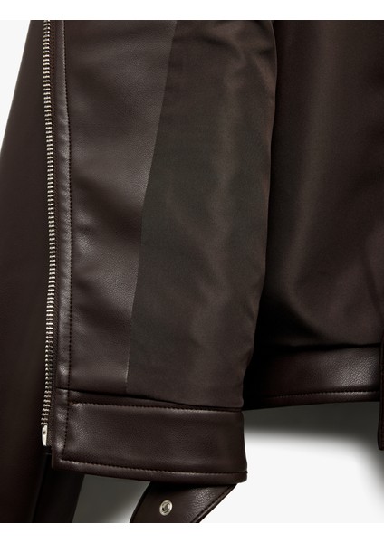 Cepli Uzun Kollu Fermuarlı Kruvaze Suni Deri Biker Ceket